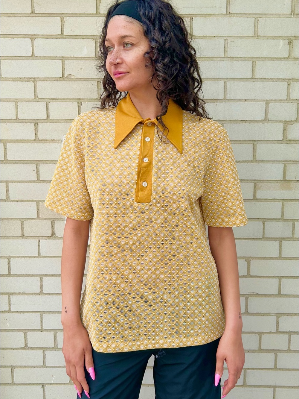 Vintage 70s Unisex Mustard Yellow Semi Sheer Dagger Collar Leisure Shirt